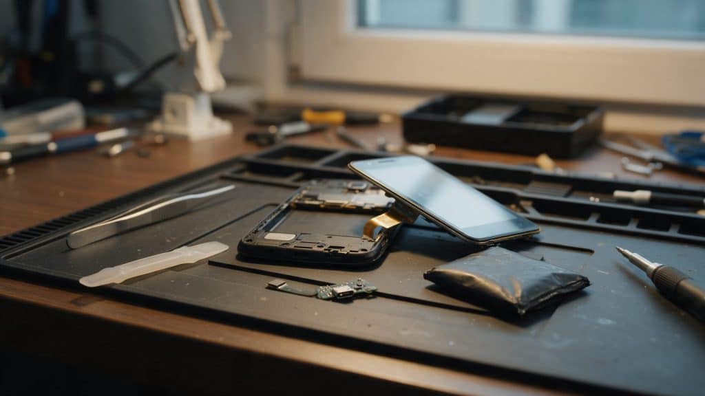 Rastavljen telefon na radnom stolu servisa, ekran, baterija i konektor punjenja izvađeni
