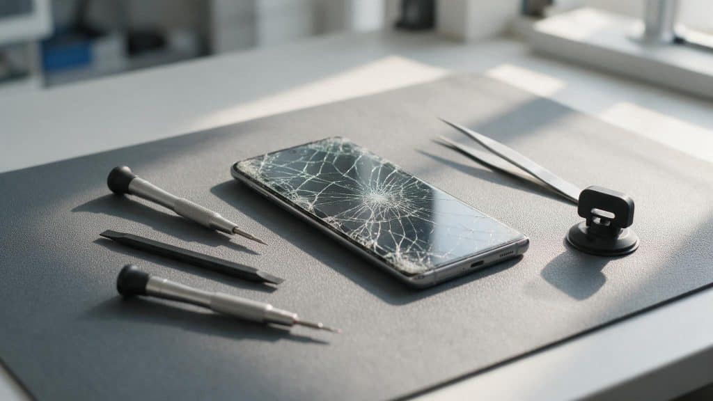 Samsung S26 sa napuklim ekranom na radnom stolu servisa