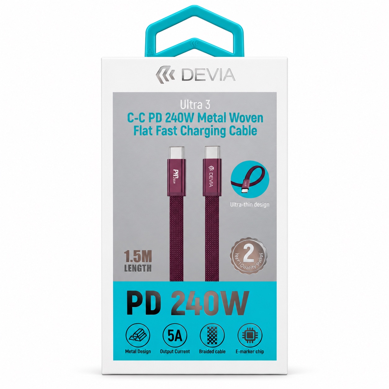 Kabl type c na type c 240W metal woven fast charging 1.5m burgundy